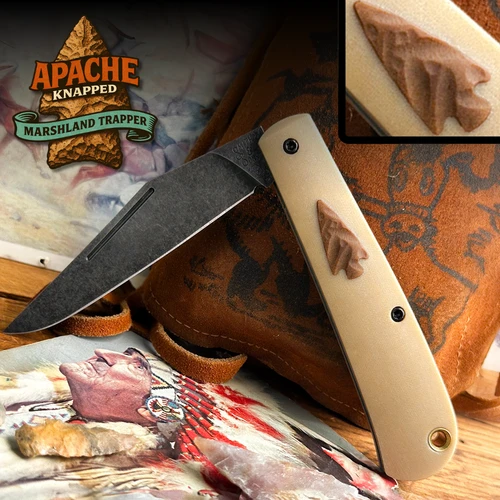 Marshland Trapper Apache *Knapped*(Bone Linen Micarta w/ Roux Paper Arrowhead Shield/Blackout Finish) Custom Drop