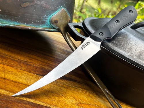 *CUSTOM SHOP* MAGNACUT BONING KNIFE W/ BLACK LINEN MICARTA SCALES/RED G-10 LINERS