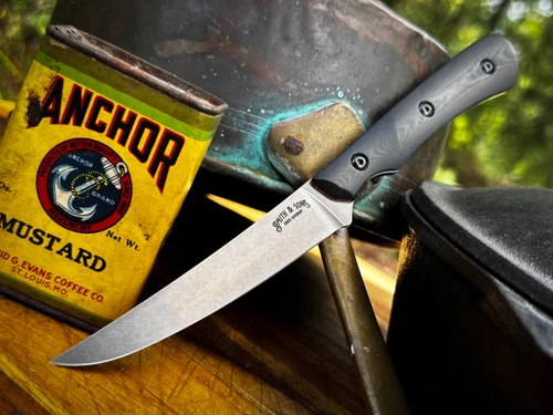 *CUSTOM SHOP* MAGNACUT KITCHEN UTILITY KNIFE W/ BLACK LINEN MICARTA SCALES/RED G-10 LINERS