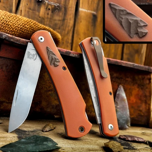 Mudbug Apache *Knapped*(Butterscotch Paper Micarta w/ Roux Paper Arrowhead Shield) Custom Drop