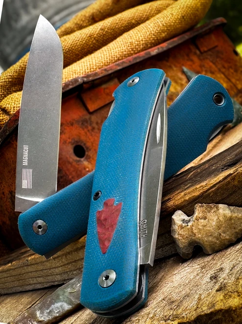 Mudbug Apache *Knapped*(Blue Canvas Micarta w/ Red Burlap Arrowhead Shield) Custom Drop