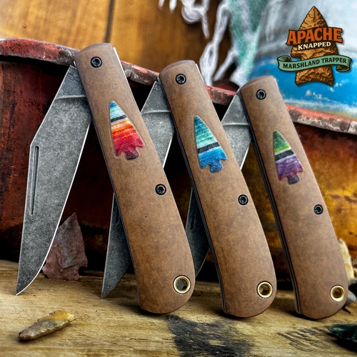 Marshland Trapper Apache *Knapped*(Roux Paper Micarta w/ Mexican Blanket Micarta Arrowhead Shield/Blackout Blade) Custom Drop
