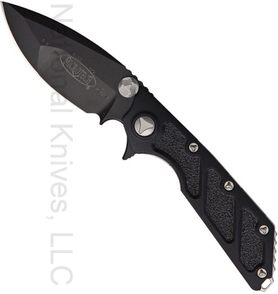 Microtech DOC 153-1 folding knife - shown open - presentation side.  Black coated 154CM stainless steel plain edge blade.  Black aluminum handle with traction inserts.  Model 153-1.
For reference only.