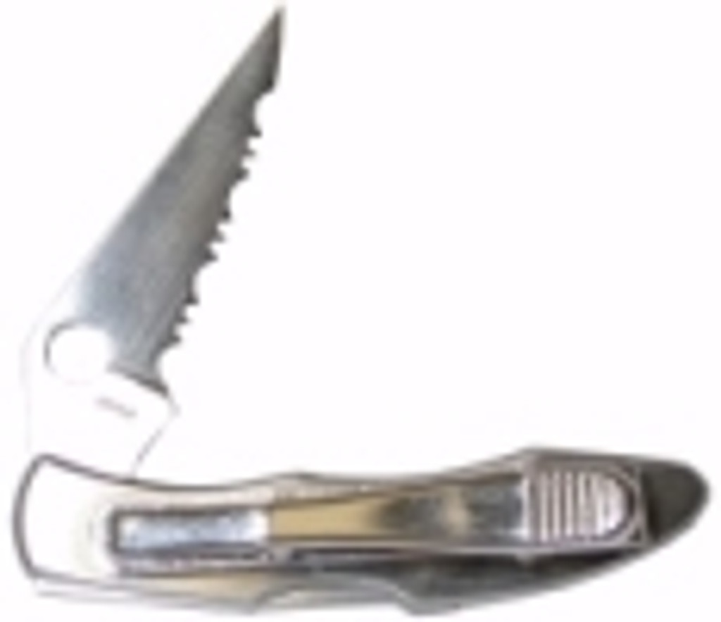 Spyderco Police Tie Clip folding knife - shown partially open clip side.  Satin ATS-34 stainless steel combo edge blade.  Stainless steel handle.  Model TC07S,
For reference only.