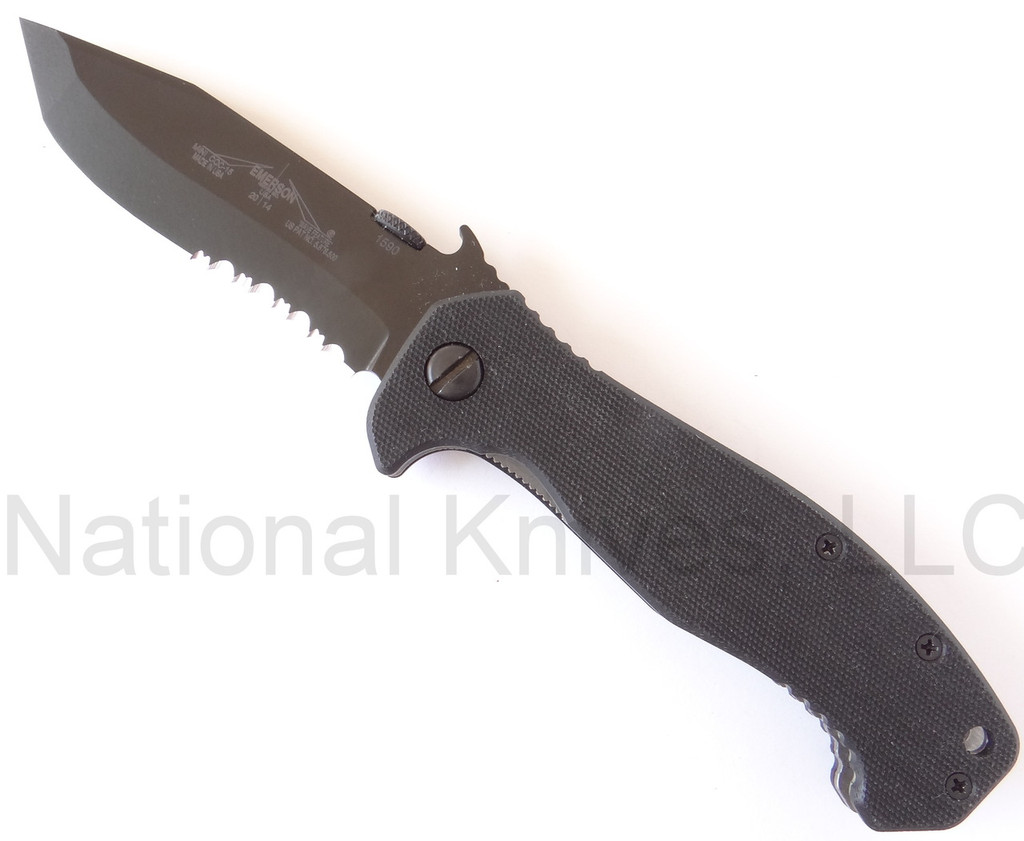 Emerson Knives Mini CQC-15 BTS Folding Knife, Black 3.5" Partially Serrated 154CM Blade, Black G-10 Handle, Emerson "Wave" Opener