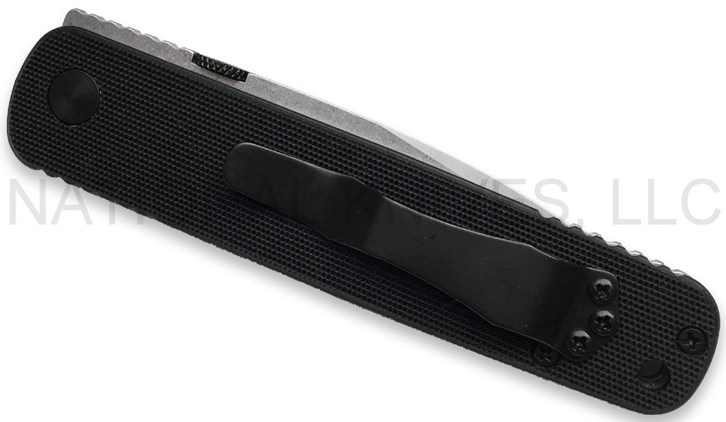 Emerson Knives A-100 SFS folding knife with thumb disk - shown closed pocket clip.  Stonewashed 154CM stainless steel partially serrated edge blade.  Black G-10 handle.  Model A-100-SFS.