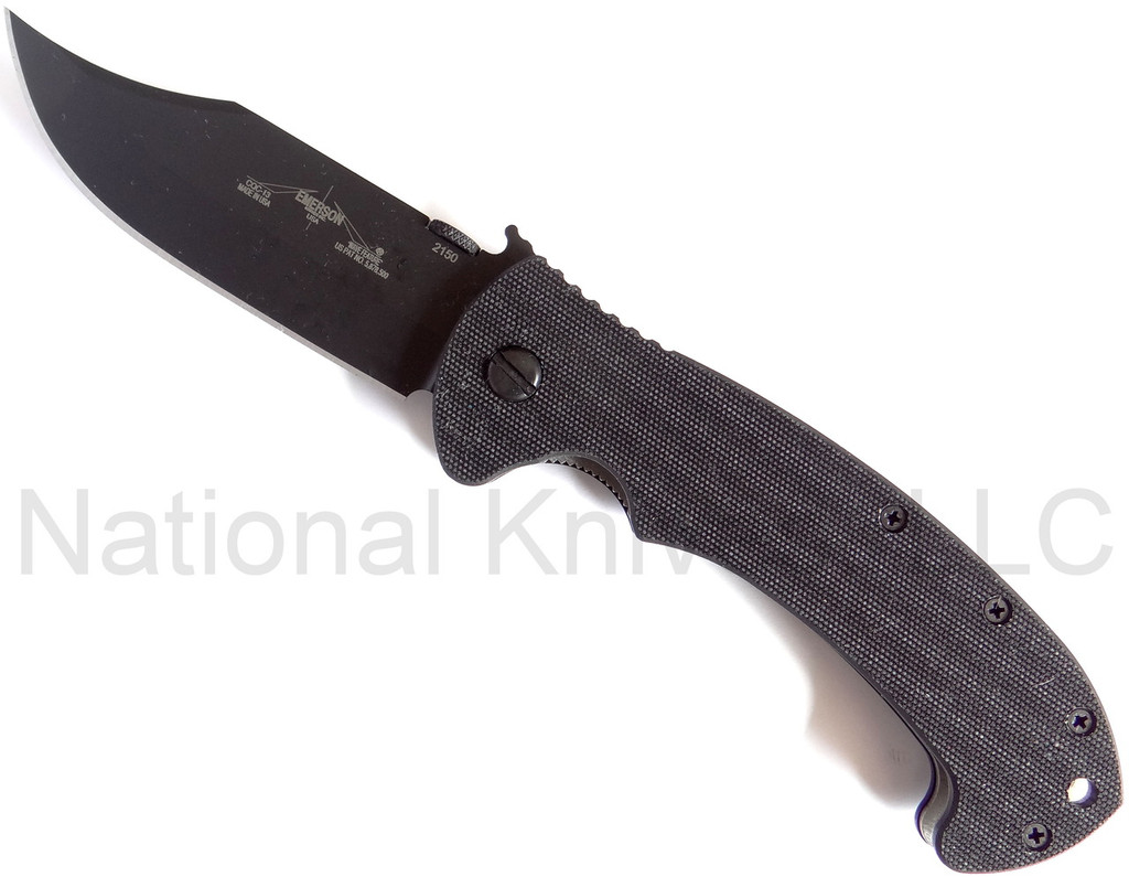 Emerson Knives CQC-13 BT folding knife with thumb disk and Emerson Wave opener - shown open presentation side.  Black 154CM stainless steel plain edge blade.  Black G-10 handle.  Model CQC-13-BT.
For reference only.