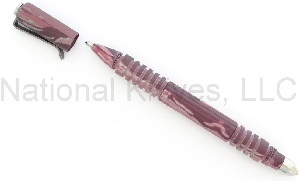 Rick Hinderer Knives Investigator ink pen - shown with cap off.  DLC pink camo aluminum construction.  Model P5801004NP.
For reference only.
