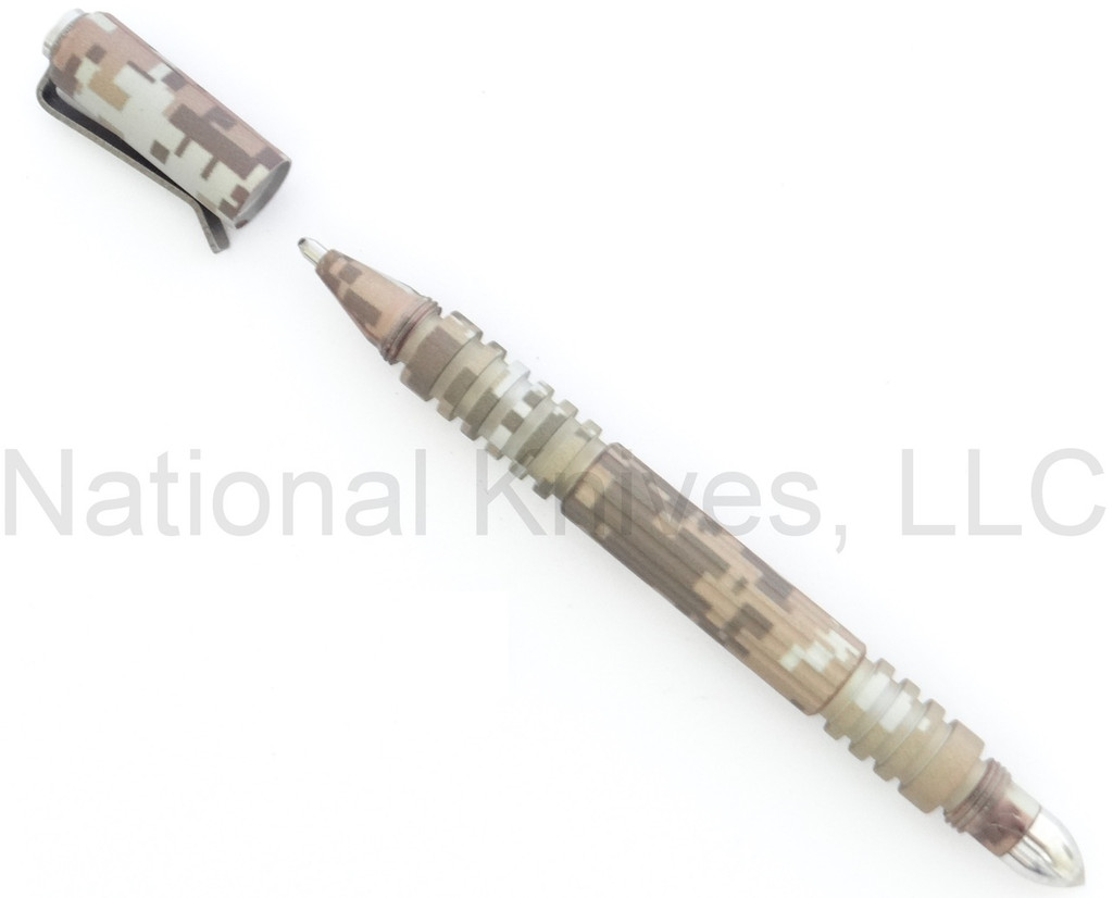 Rick HInderer Knives Investigator ink pen - shown with cap off.  DLC Desert Camo aluminum body.
For reference only.