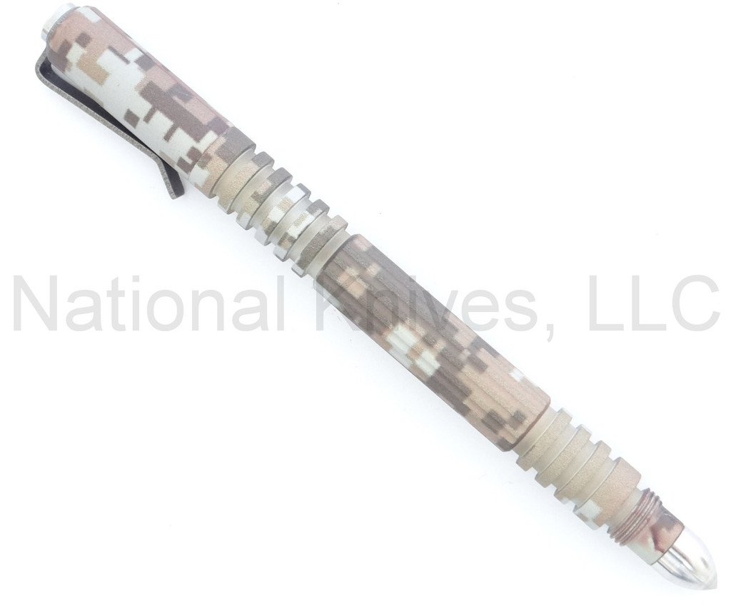 Rick HInderer Knives Investigator ink pen - shown with cap on.  DLC Desert Camo aluminum body.
For reference only.