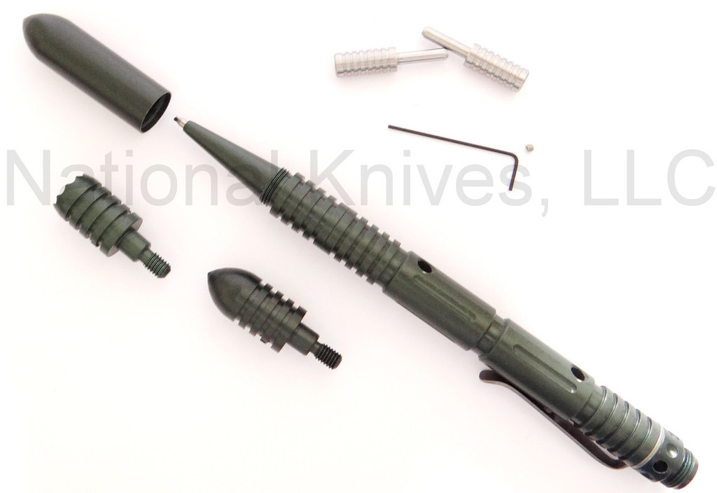 Rick Hinderer Knives Modular Kubaton ink pen set - shown cap off with accessories.  Olive Drab aluminum construction.  
For reference only.