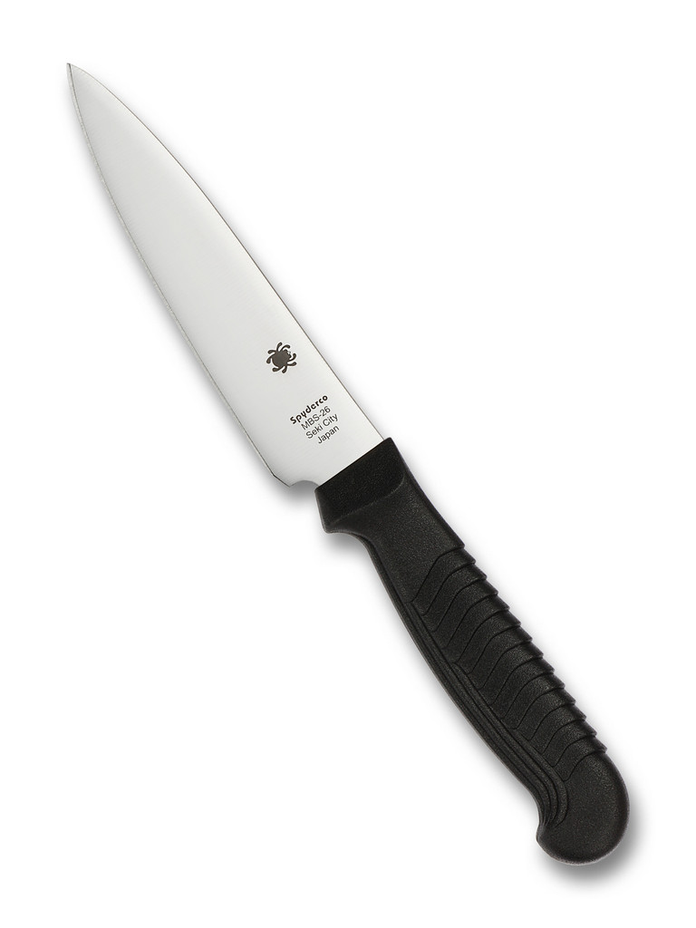 Spyderco Culinary Kitchen Paring Knife - obverse shown.  Satin MBS-26 stainless steel plain edge blade.  Black Polypropylene handle.  Model K05PBK.