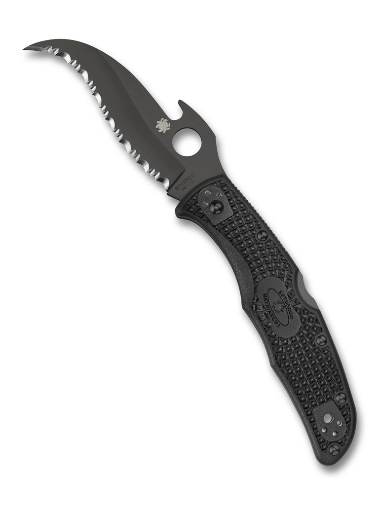 Spyderco Matriarch 2 Emerson folding knife with thumb hole and Emerson Wave Opener - shown open presentation side.  Black VG-10 stainless steel serrated edge blade.  Black FRN handle.  Model C12SBBK2W.