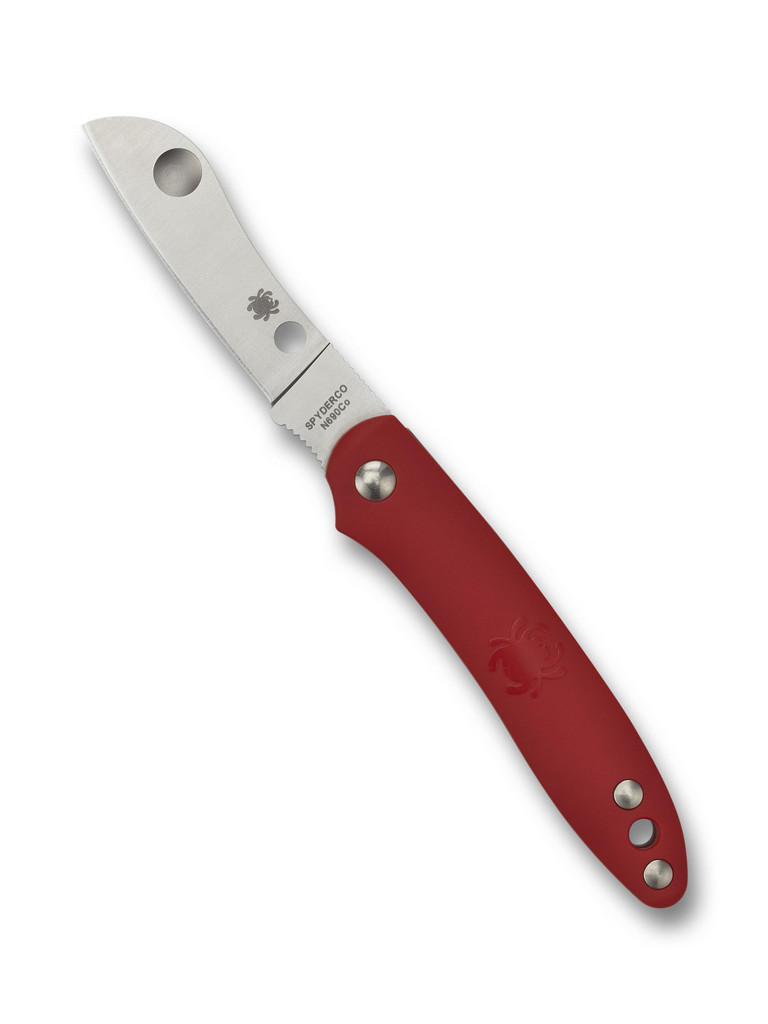 Spyderco Roadie Slipjoint folding knife with Double Dent - shown open obverse.  Satin N690Co stainless steel plain edge blade.  Red FRN handle.  Model C189PRD.