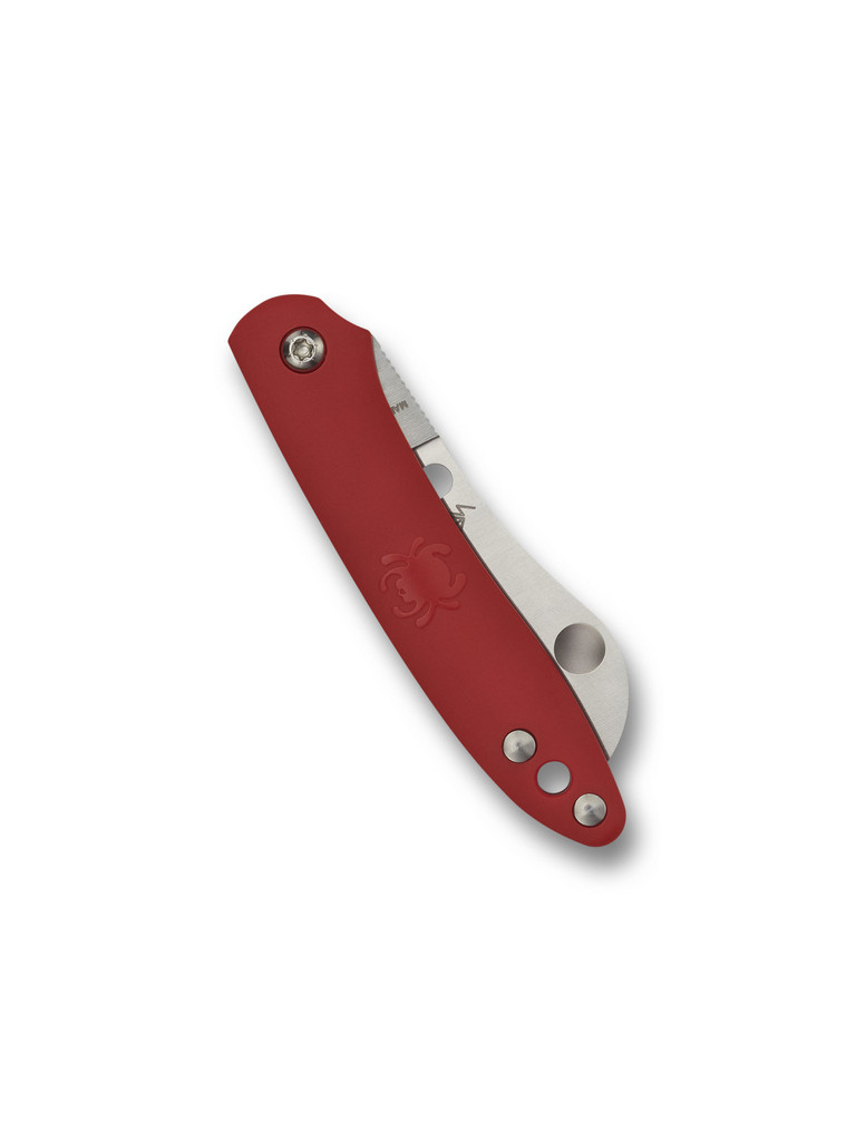 Spyderco Roadie Slipjoint folding knife with Double Dent - shown closed reverse.  Satin N690Co stainless steel plain edge blade.  Red FRN handle.  Model C189PRD.