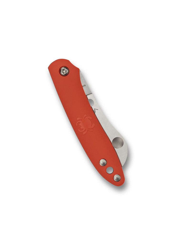 Spyderco Roadie Slipjoint folding knife with Double Dent - shown closed reverse.  Satin N690Co stainless steel plain edge blade.  Orange FRN handle.  Model C189POR.