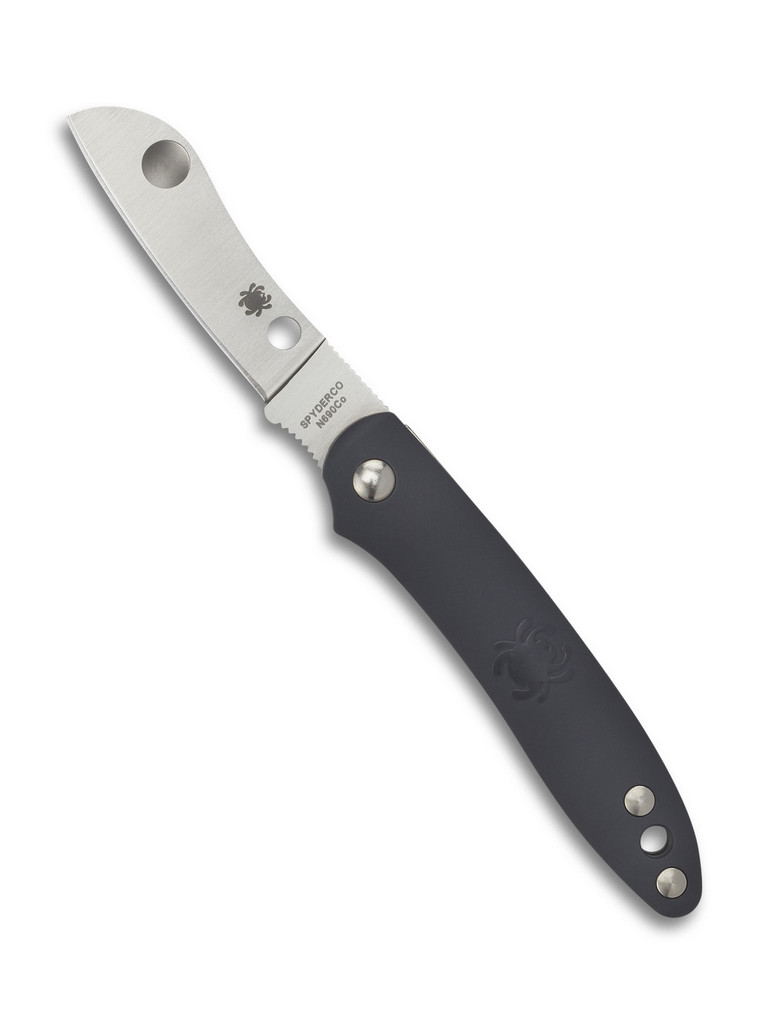 Spyderco Roadie Slipjoint folding knife with Double Dent - shown open obverse.  Satin N690Co stainless steel plain edge blade.  Gray FRN handle.  Model C189PGY.