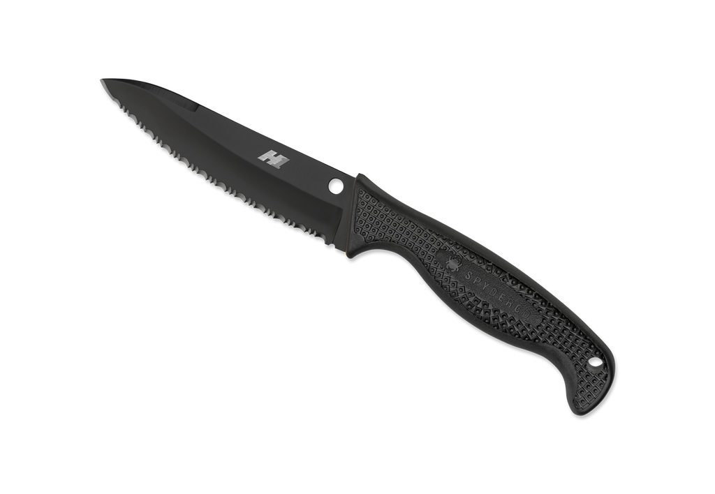 Spyderco Aqua Salt fixed blade knife - shown out of sheath obverse.  Black H-1 stainless steel serrated edge blade.  Black FRN handle.  Model FB23SBBK.
For reference only.