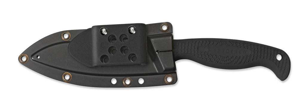 Spyderco Aqua Salt fixed blade knife - shown in sheath obverse.  Black H-1 stainless steel serrated edge blade.  Black FRN handle.  Model FB23SBBK.
For reference only.