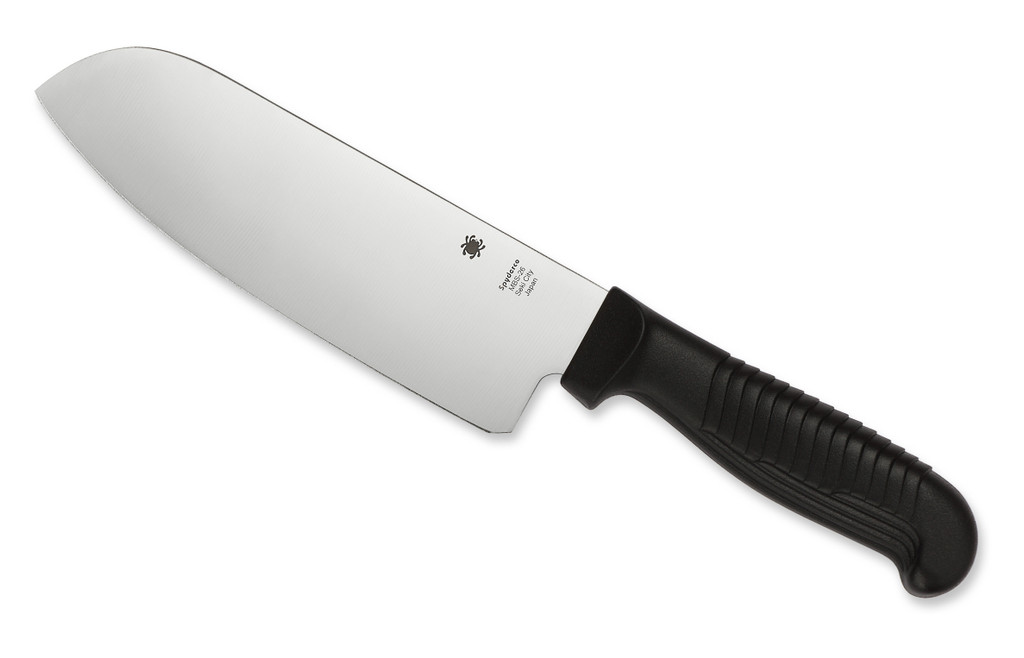 Spyderco Culinary Kitchen Santoku Knife - obverse shown.  Satin MBS-26 stainless steel plain edge blade.  Black Polypropylene handle.  Model K08PBK.