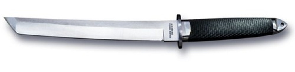 Cold Steel Magnum Tanto IX fixed blade knife - shown out of sheath.  Satin VG-1 San Mai III stainless steel plain edge blade.  Black Kray-Ex handle.  Model 13MBIX,
For reference only.