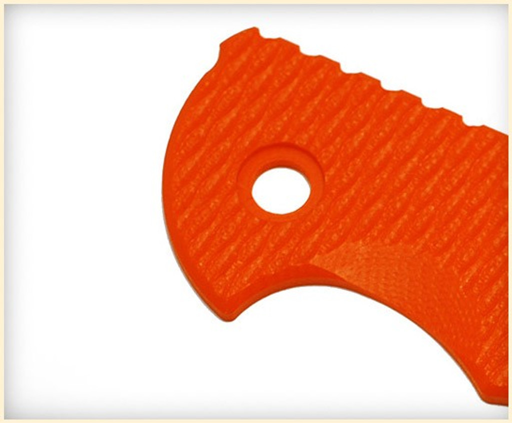 Rick Hinderer Knives XM-18 3.0" Textured G-10 handle scale - close up of pivot hole obverse shown.  Orange color.