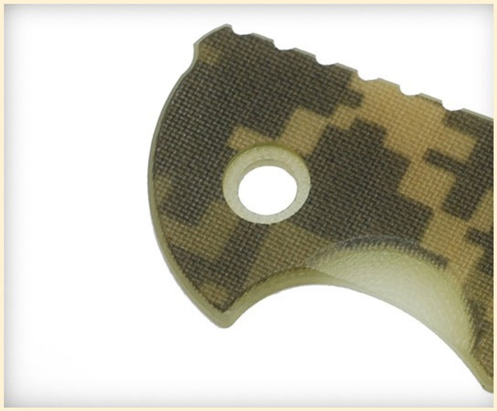 Rick Hinderer Knives XM-18 3.5" Textured G-10 handle scale - close up of pivot hole obverse shown.  ACU Camo color.