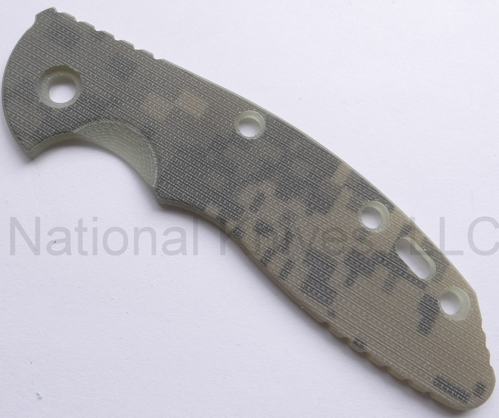 Rick Hinderer Knives XM-18 3.5" Textured G-10 handle scale - obverse shown.  ACU Camo color.