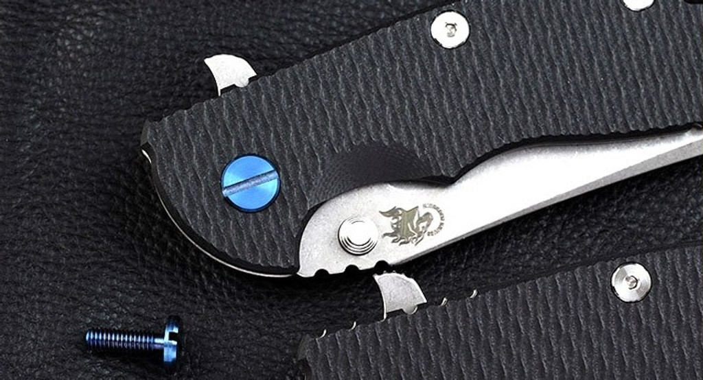 Rick Hinderer Knives Pivot Screw to fit XM-18 3.0" - shown installed on knife.  Stonewash blue titanium construction.  Model K2151001BL.