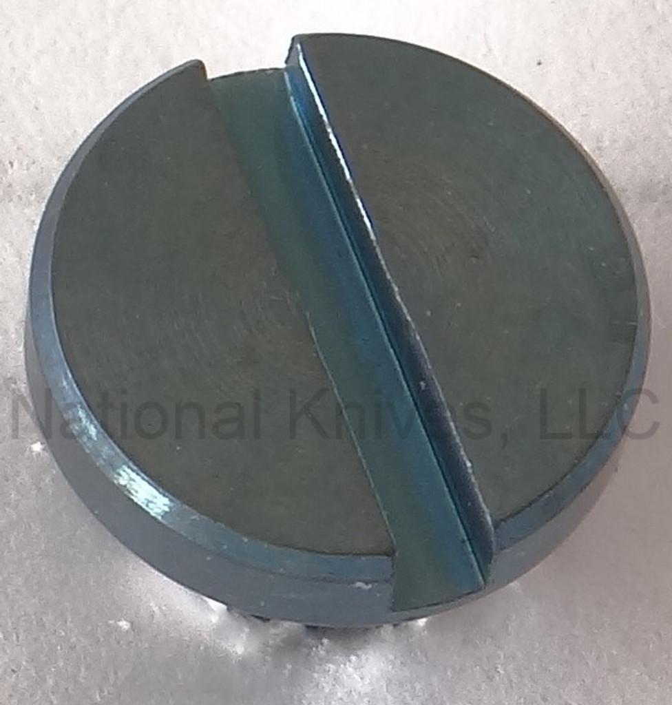 Rick Hinderer Knives Pivot Screw to fit XM-18 3.0" - obverse shown.  Stonewash blue titanium construction.  Model K2151001BL.