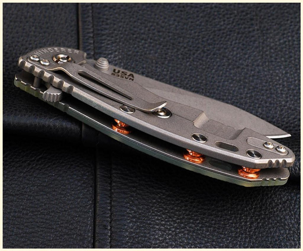 Rick Hinderer Knives Standoffs to fit XM-18 3.5" - shown installed on knife.  Copper construction.  Model K220210600.