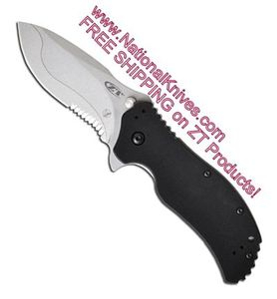Zero Tolerance 0350CBZDPST assisted opening folding knife with flipper tab - open - logo side.  Satin 3.25" ZDP-189 steel plain edge blade with a 14C28N stainless steel laminate.  Black G-10 handle.  Model 0350CBZDPST.
For reference only.