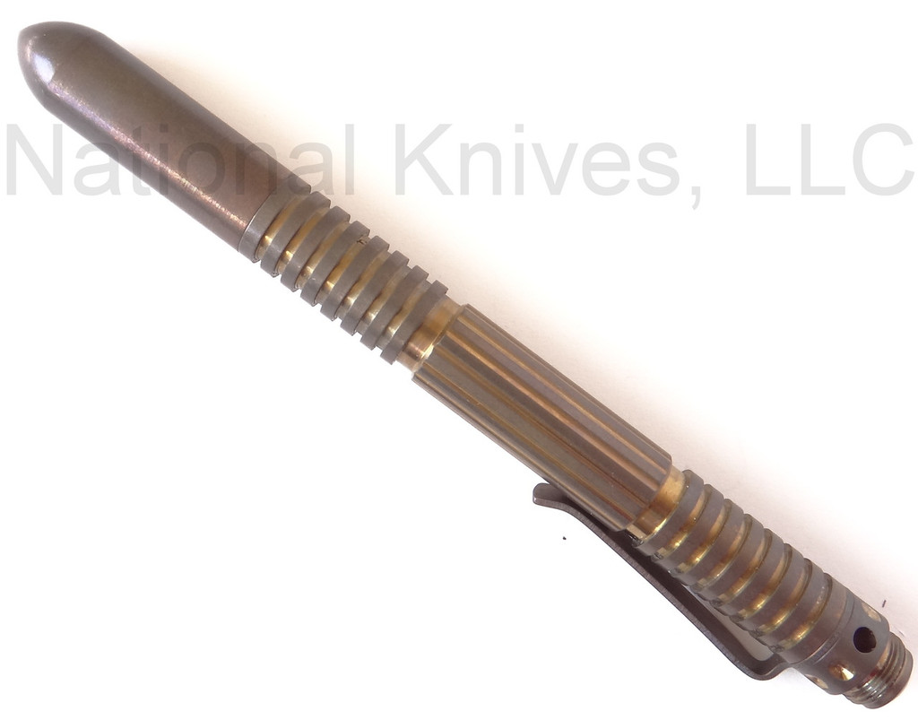 Rick Hinderer Knives Extreme Duty ink pen - shown with cap on.  Bronze anodized titanium construction.  Model P5802001TD.