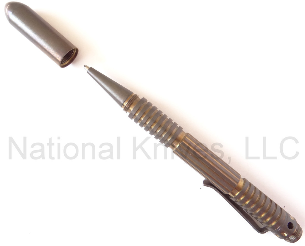 Rick Hinderer Knives Extreme Duty ink pen - shown with cap off.  Bronze anodized titanium construction.  Model P5802001TD.