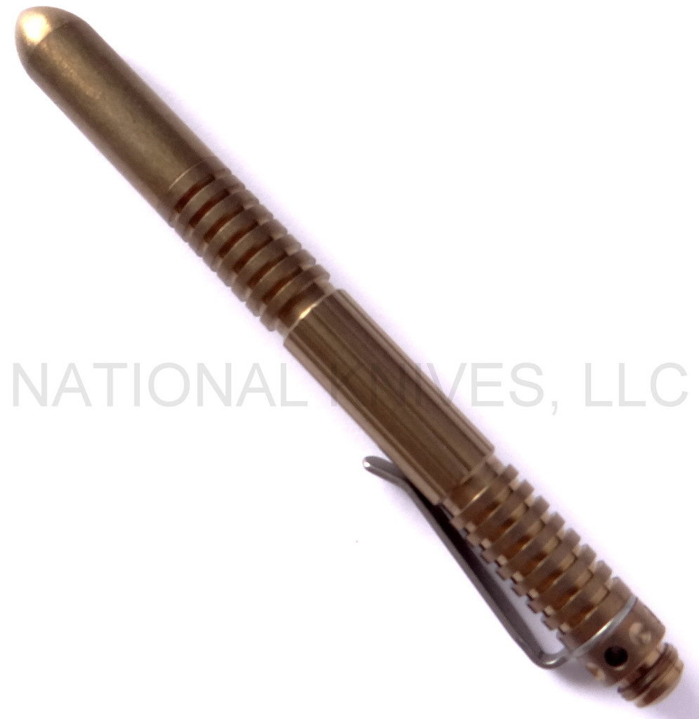 Rick Hinderer Knives Extreme Duty ink pen - shown with cap on.  Bronze anodized titanium construction.  Model P5802001TD.