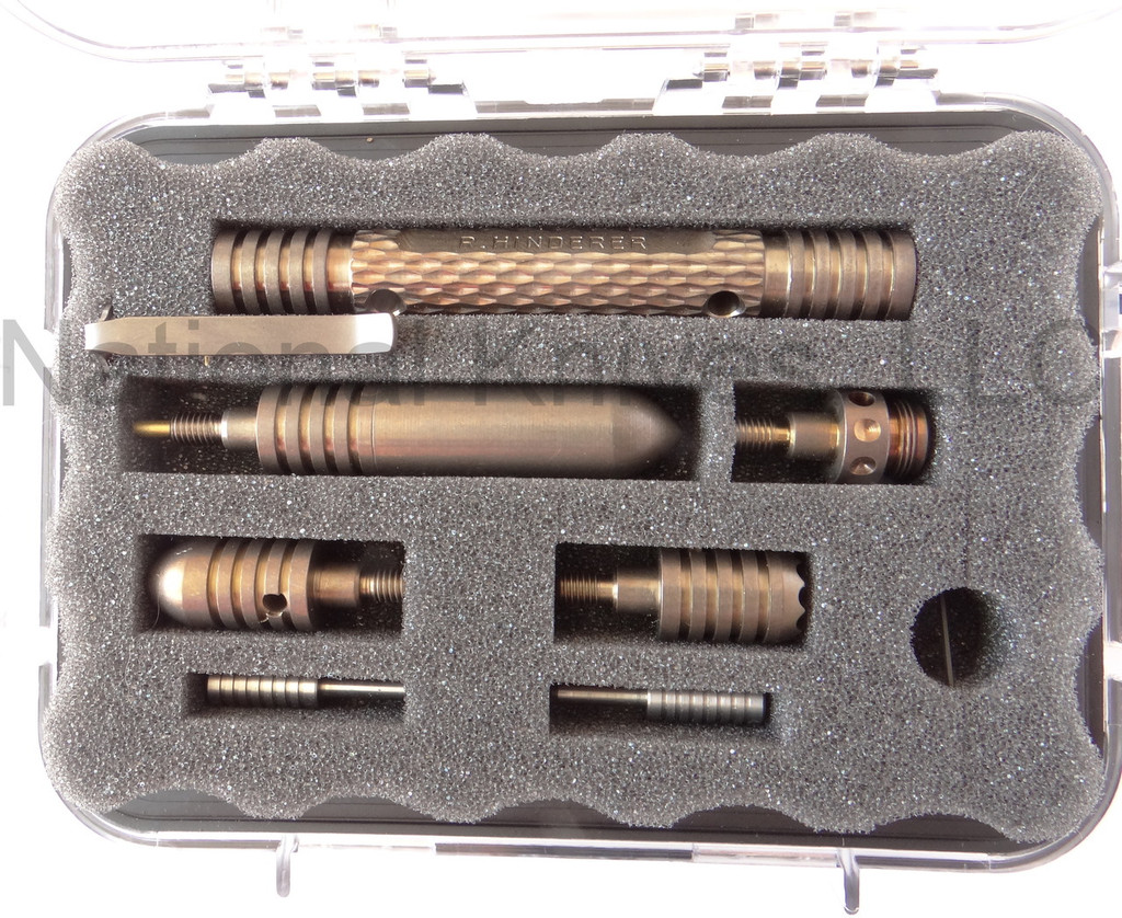 Rick Hinderer Knives Modular Kubaton Pen Set - shown in case.  Bronze anodized titanium construction.  P5802001DL.