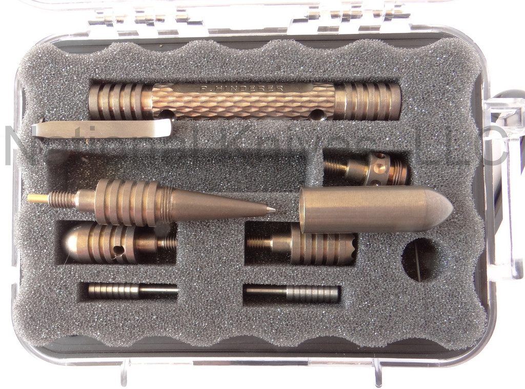 Rick Hinderer Knives Modular Kubaton Pen Set - shown in case.  Bronze anodized titanium construction.  P5802001DL.