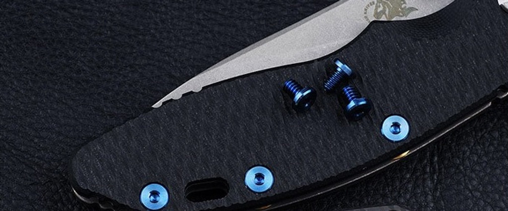 Rick Hinderer Knives Handle Screws to fit XM-18 3.0" - shown installed on knife.  Stonewash blue titanium construction.  Model K2101101BL.
