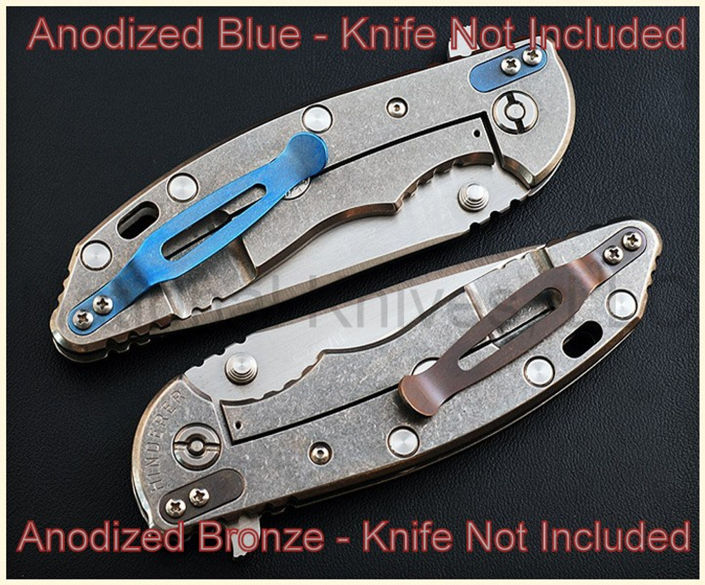 Rick Hinderer Knives Pocket Clip and Filler Tab Set with screws- shown installed on knife. Stonewash blue construction.  Model K0020101BL.