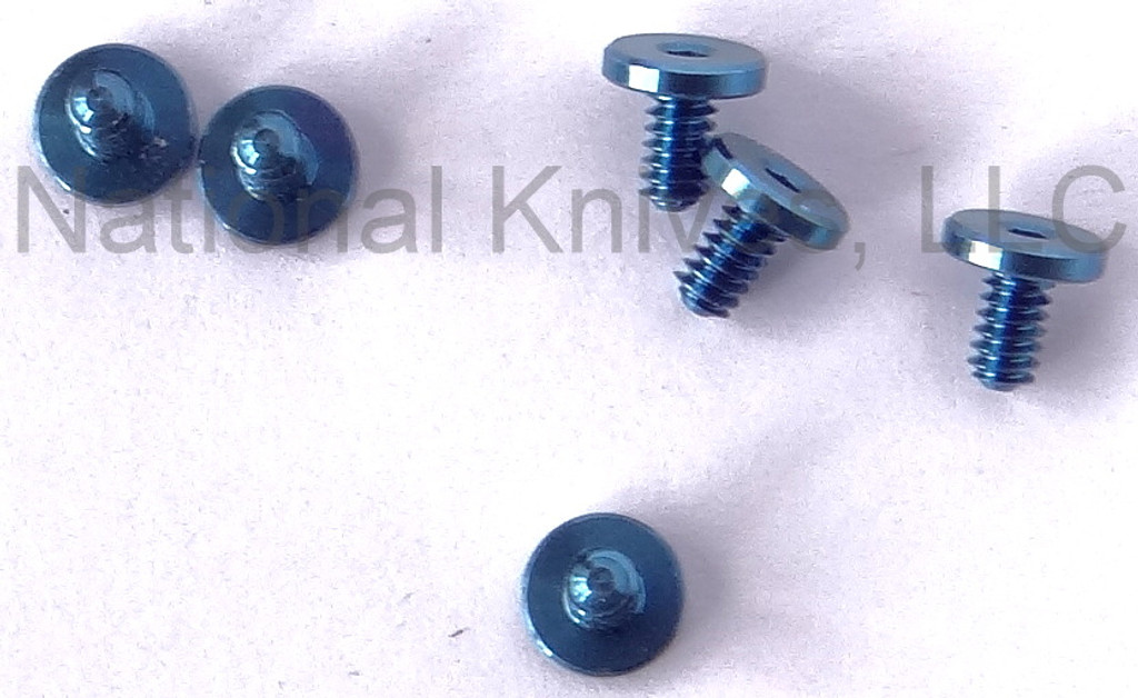 Rick Hinderer Knives handle screws to fit 3.5" Eklipse and Zero Tolerance 0392 models - full set of six screws shown.  Anodized blue titanium construction.