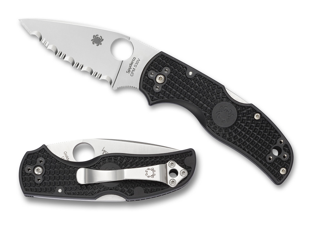 Spyderco Native 5 folding knife with thumb hole - shown open presentation side and closed pocket clip side.  Satin S30V stainless steel serrated edge blade.  Black FRN handle.  Model C41SBK5.