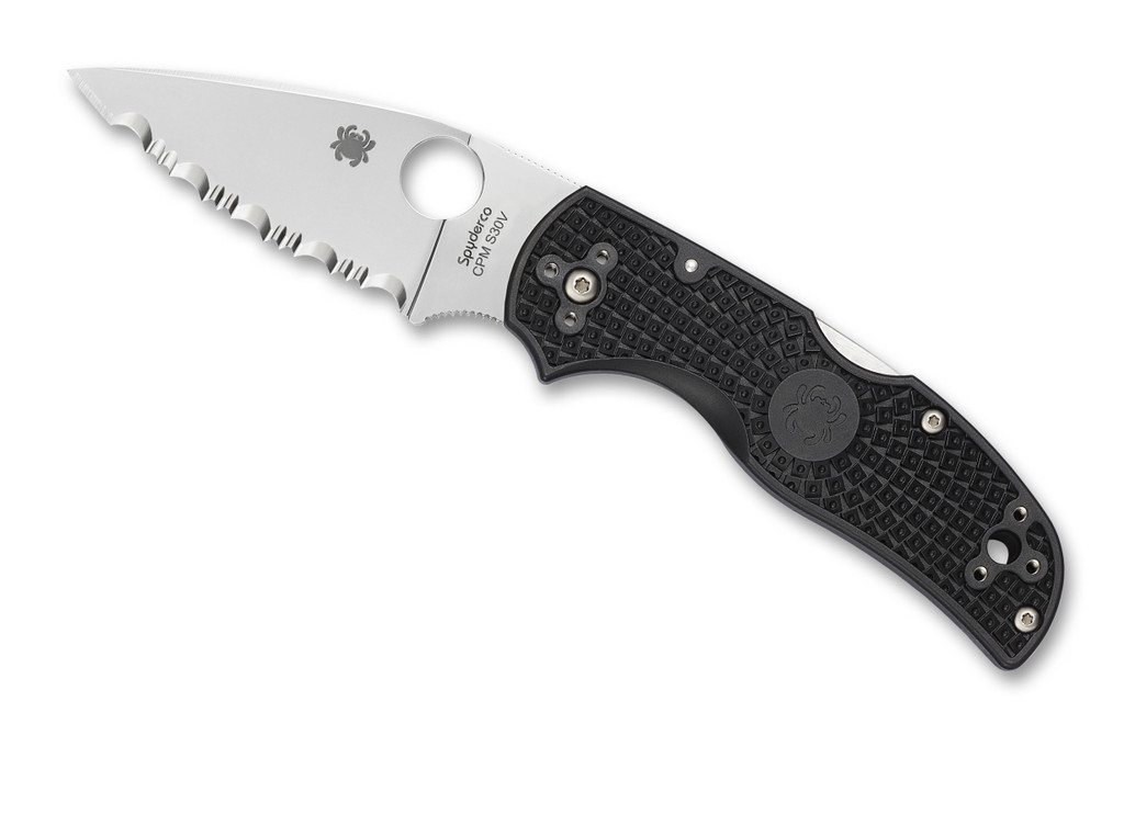 Spyderco Native 5 folding knife with thumb hole - shown open presentation side.  Satin S30V stainless steel serrated edge blade.  Black FRN handle.  Model C41SBK5.
