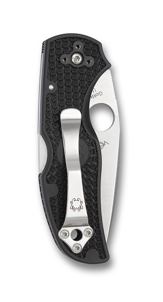 Spyderco Native 5 folding knife with thumb hole - shown closed pocket clip side.  Satin S30V stainless steel serrated edge blade.  Black FRN handle.  Model C41SBK5.