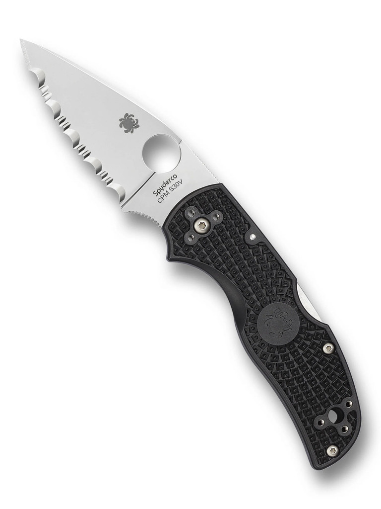 Spyderco Native 5 folding knife with thumb hole - shown open presentation side.  Satin S30V stainless steel serrated edge blade.  Black FRN handle.  Model C41SBK5.