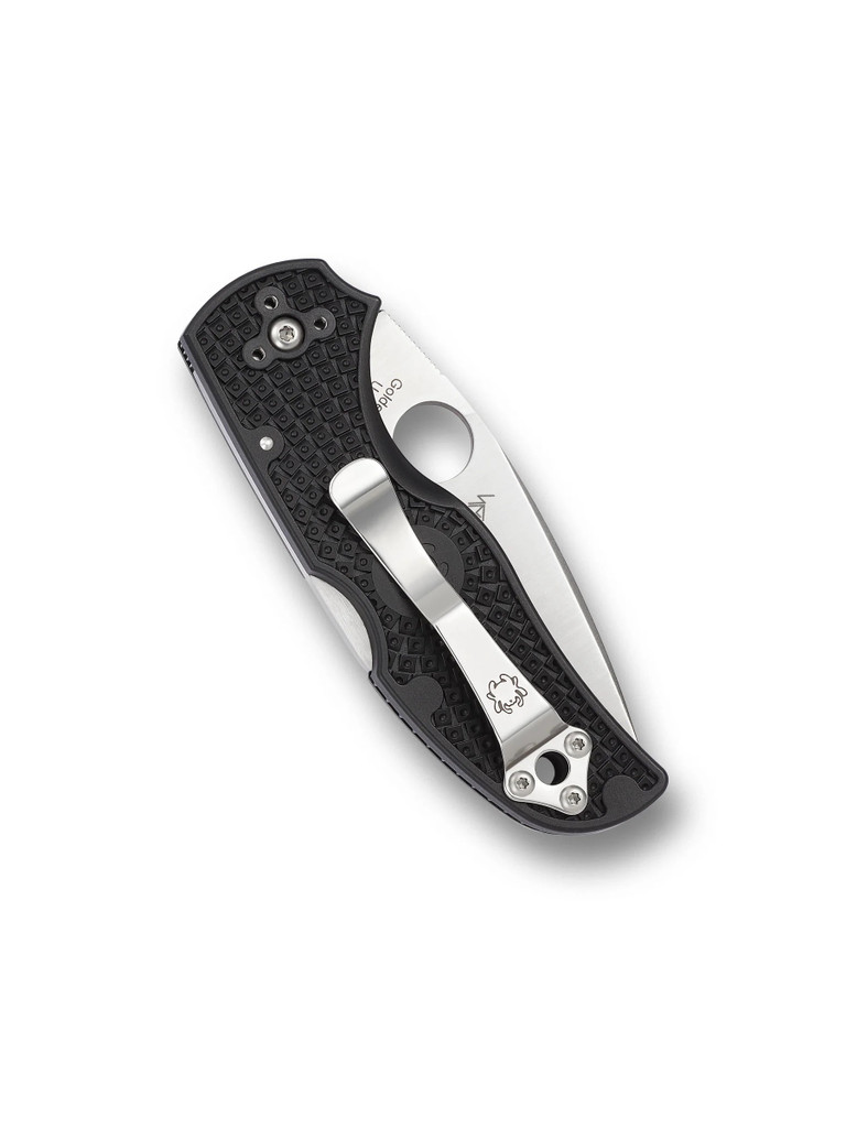 Spyderco Native 5 folding knife with thumb hole - shown closed pocket clip side.  Satin S30V stainless steel serrated edge blade.  Black FRN handle.  Model C41SBK5.