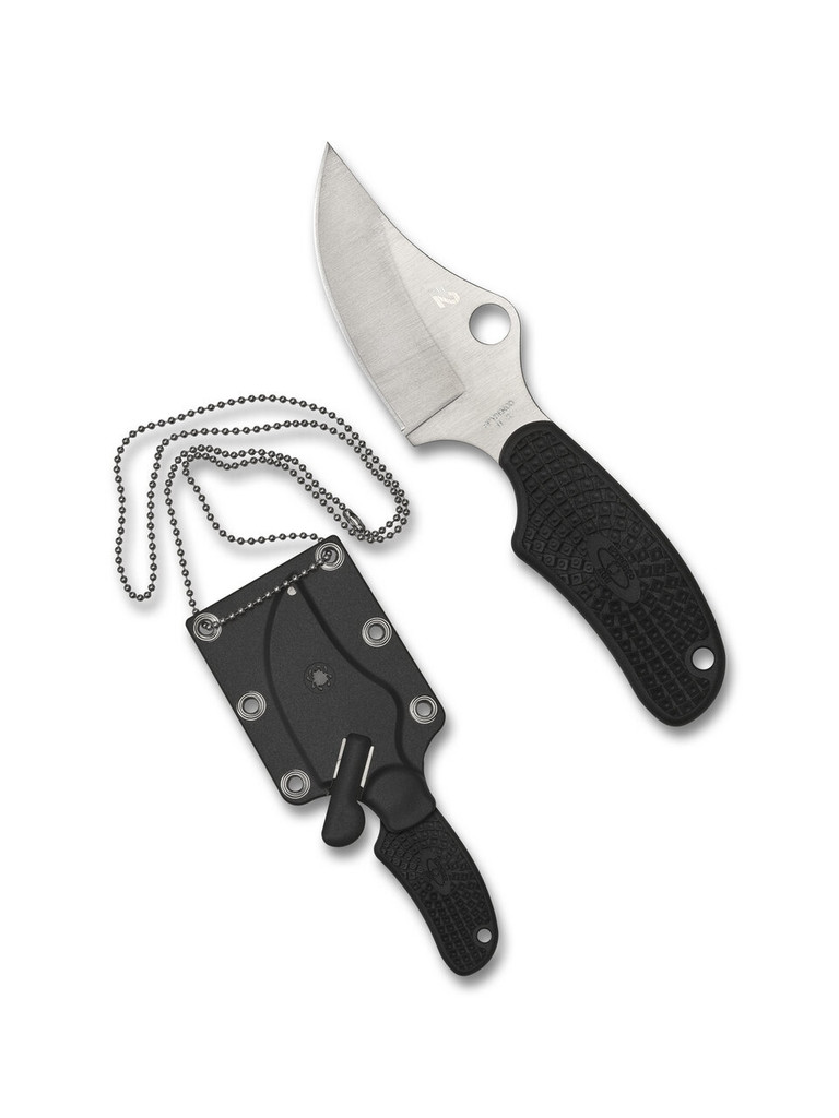 Spyderco ARK "Always Ready Knife" fixed blade knife - shown out of sheath obverse and in sheath obverse.  Satin H-2 stainless steel plain edge blade.  Black FRN handle.  Model FB35PBK.