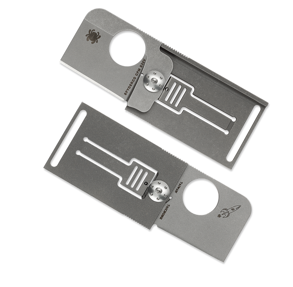 Spyderco Squarehead folding knife with thumb hole - shown open obverse and open reverse.  Stonewash S30V stainless steel plain edge blade. Stonewash titanium handle.  Model C193TIP.
For reference only.