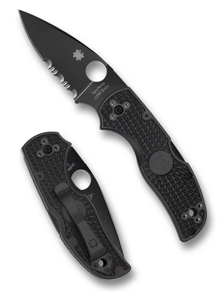 Spyderco Native 5 folding knife with thumb hole - shown open presentation side and closed pocket clip side.  Black S30V stainless steel combo edge blade.  Black FRN handle.  Model C41PSBBK5.