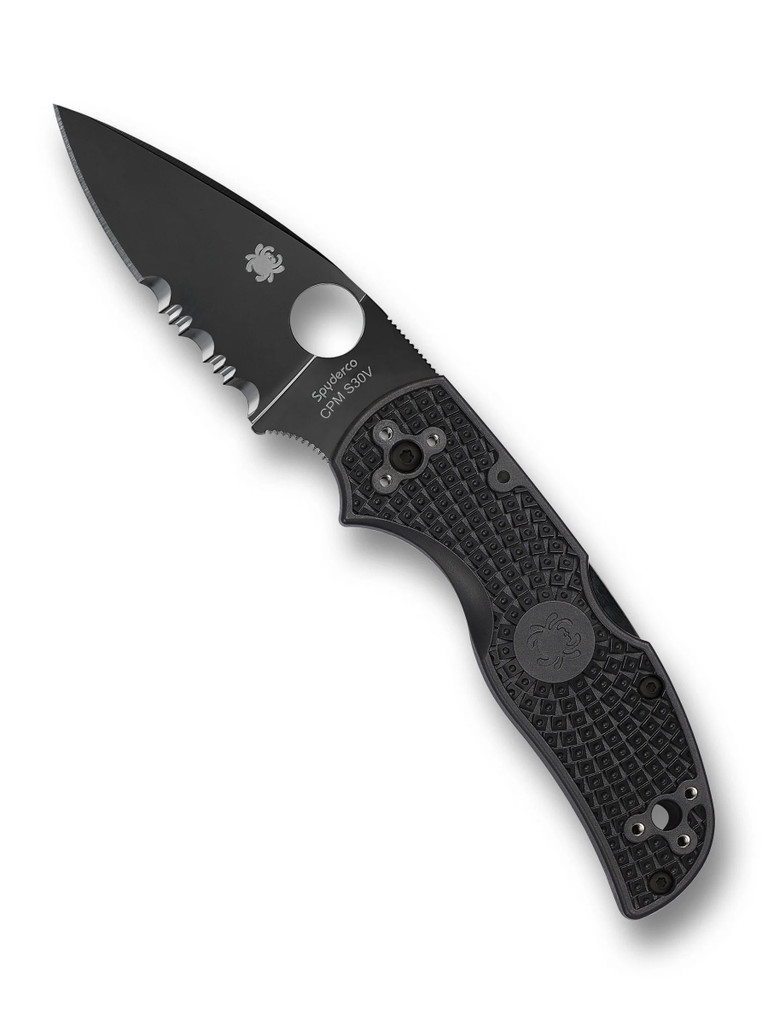 Spyderco Native 5 folding knife with thumb hole - shown open presentation side.  Black S30V stainless steel combo edge blade.  Black FRN handle.  Model C41PSBBK5.
