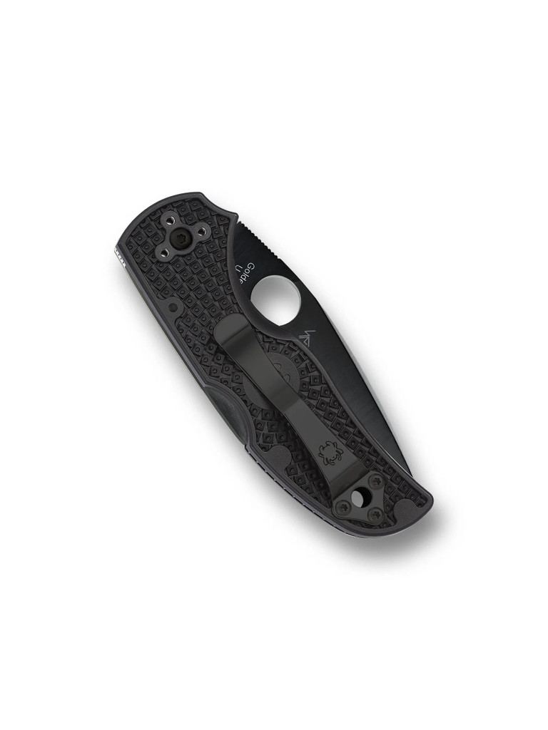 Spyderco Native 5 folding knife with thumb hole - shown closed pocket clip side.  Black S30V stainless steel combo edge blade.  Black FRN handle.  Model C41PSBBK5.
